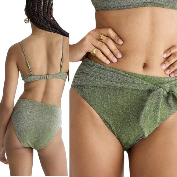 NEW J. Crew High Cut Tie Waist Bikini in Green Sparkle Size M - Picture 1 of 14
